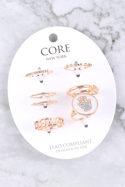 HAMSA CHAIN CUBIC SIGNET MULTI STACKABLE RING SET