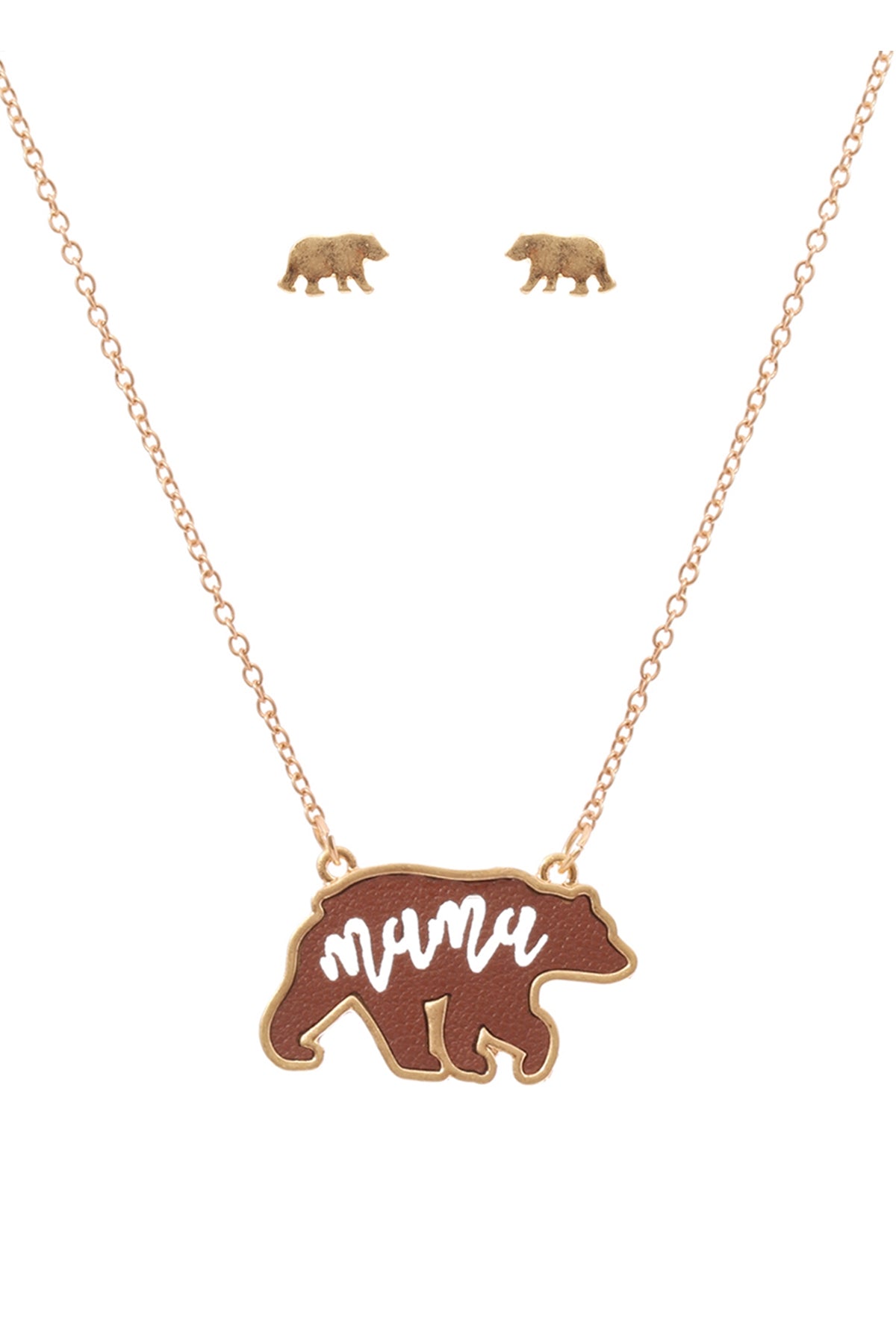 LEATHER BEAR METAL CHAIN PENDANT NECKLACE AND EARRING SET
