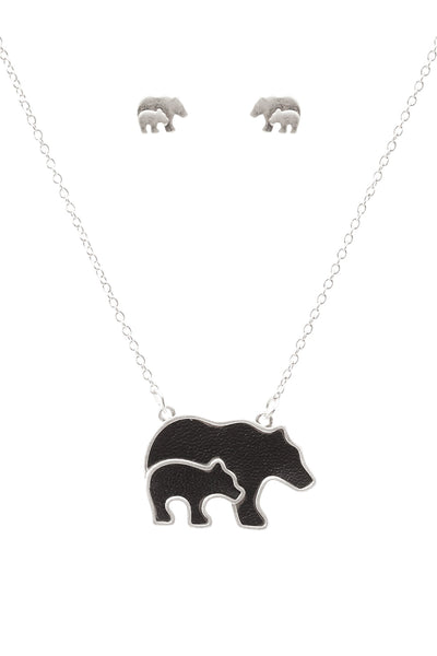 LEATHER MAMA BEAR & CUBS METAL PENDANDT NECKLACE AND EARRINGS SET