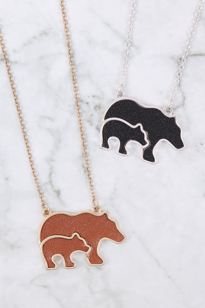 LEATHER MAMA BEAR & CUBS METAL PENDANDT NECKLACE AND EARRINGS SET