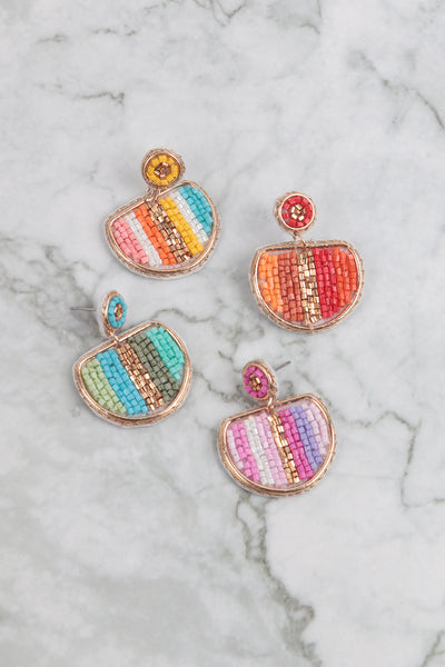 COLOR BLOCK HALF MOON SEED BEAD EARRINGS