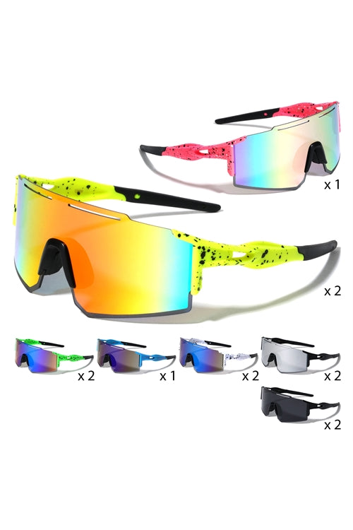 FF-BP0199-CM-RUBBER TIPS COLOR MIRROR ONE PIECE SHIELD INK SPLATTER SPORTS WHOLESALE SUNGLASSES-12PCS