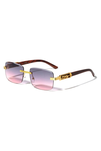FF-M4059-RIMLESS DIAMOND EDGE CUT LENS JAGUAR HINGE WOOD TEMPLE RECTANGLE WHOLESALE SUNGLASSES-12PCS