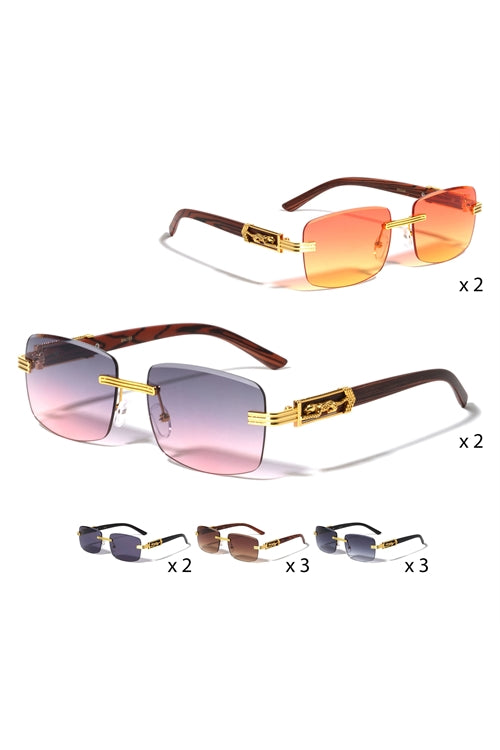 FF-M4059-RIMLESS DIAMOND EDGE CUT LENS JAGUAR HINGE WOOD TEMPLE RECTANGLE WHOLESALE SUNGLASSES-12PCS