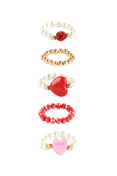 PEARL GLASS BEAD HEART LOVE MULTI STACKABLE RING SET