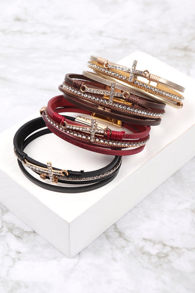 CROSS CHARM LEATHER BRACELET/6PCS
