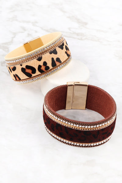 LEOPARD PRINT WITH RHINESTONE MAGNETIC LOCK BRACELET