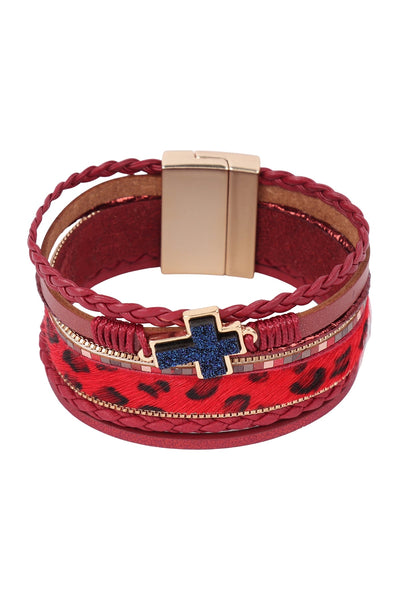 LEOPARD PRINT LEATHER BRAIDED CROSS STONE BRACELET