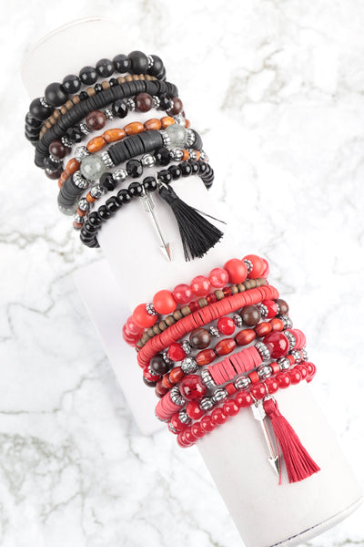 CHARM MIX BEADS W/ ARROW TASSEL PENDANT VERSATILE BRACELET SET6PCS (NOW $2.75 ONLY!)
