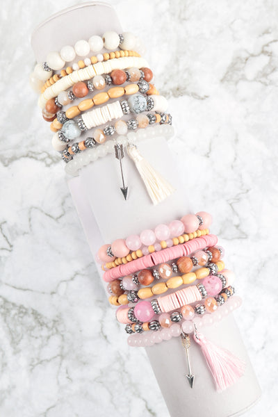CHARM MIX BEADS W/ ARROW TASSEL PENDANT VERSATILE BRACELET SET6PCS (NOW $2.75 ONLY!)