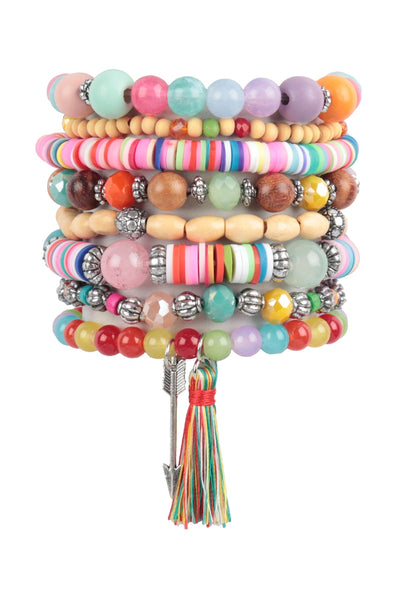 CHARM MIX BEADS W/ ARROW TASSEL PENDANT VERSATILE BRACELET SET6PCS (NOW $2.75 ONLY!)