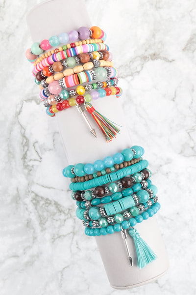CHARM MIX BEADS W/ ARROW TASSEL PENDANT VERSATILE BRACELET SET6PCS (NOW $2.75 ONLY!)