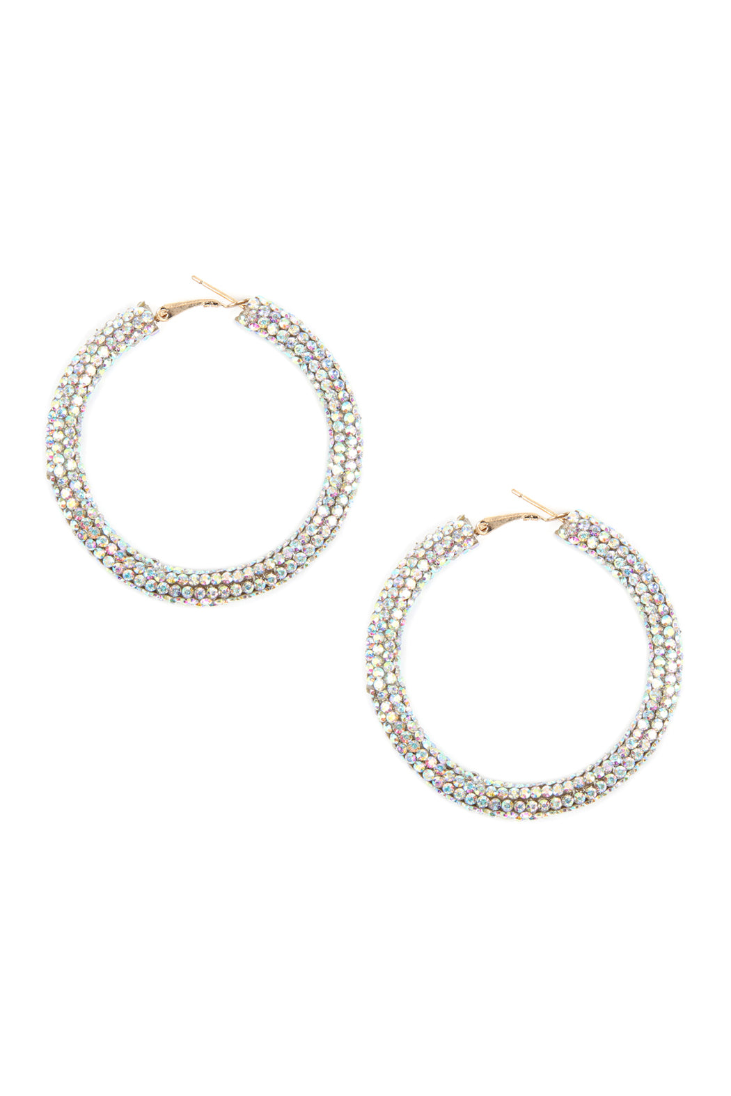 IRIDESCENT CLEAR RHINESTONE COATED HOOP EARRINGS/6PAIRS