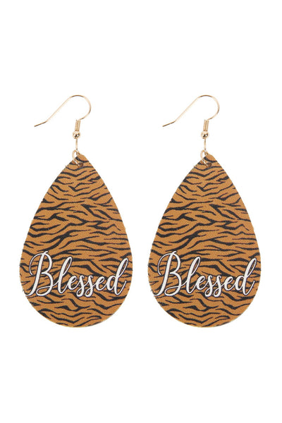 TIGER "BLESSED" ANIMAL PRINT LEATHER FISH HOOK EARRINGS/6PAIRS