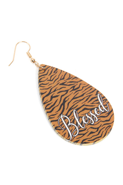 TIGER "BLESSED" ANIMAL PRINT LEATHER FISH HOOK EARRINGS/6PAIRS
