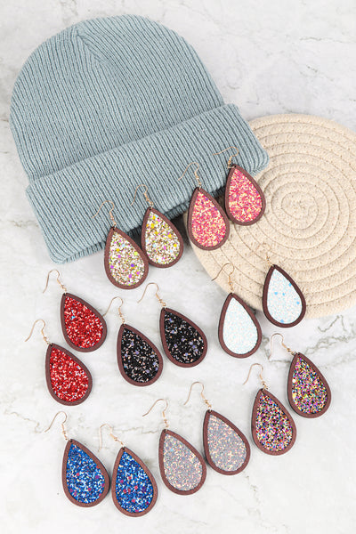 SEQUIN GLITTER WOOD TEARDROP HOOK EARRINGS