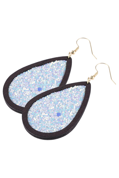 SEQUIN GLITTER WOOD TEARDROP HOOK EARRINGS