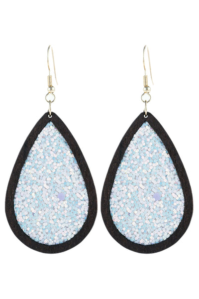 SEQUIN GLITTER WOOD TEARDROP HOOK EARRINGS