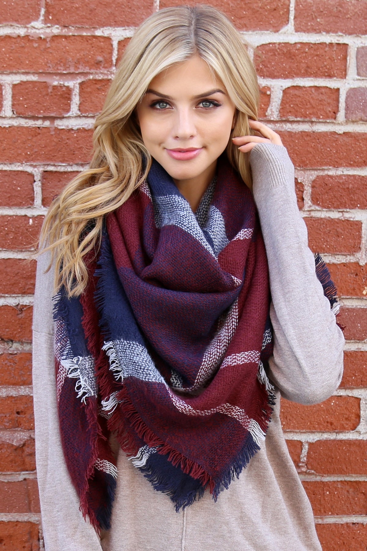 BURGUNDY BLACK BLANKET FRINGED SCARF (NOW $4.75 ONLY!)