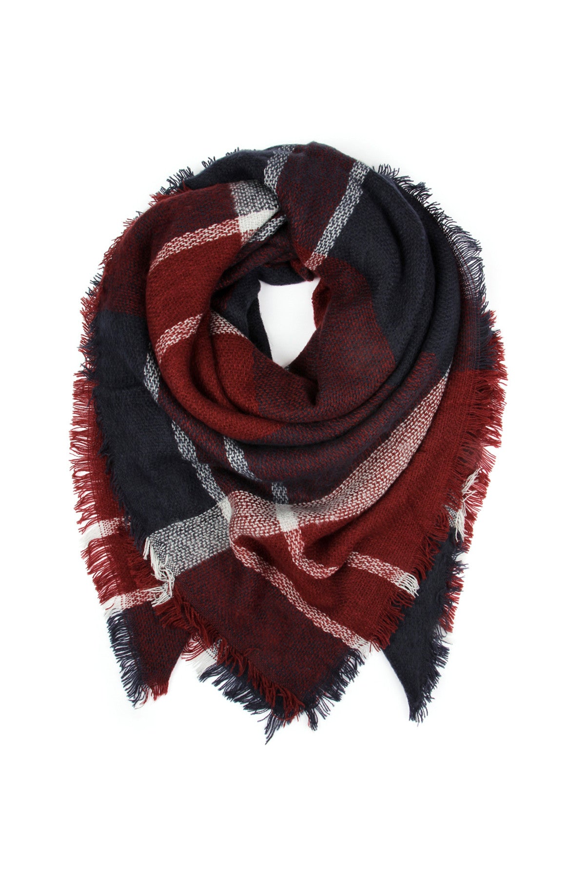 BURGUNDY BLACK BLANKET FRINGED SCARF (NOW $4.75 ONLY!)