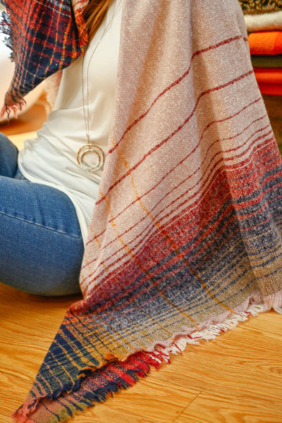 WHITE RED YELLOW MULTI COLOR BLANKET FRINGED SCARF