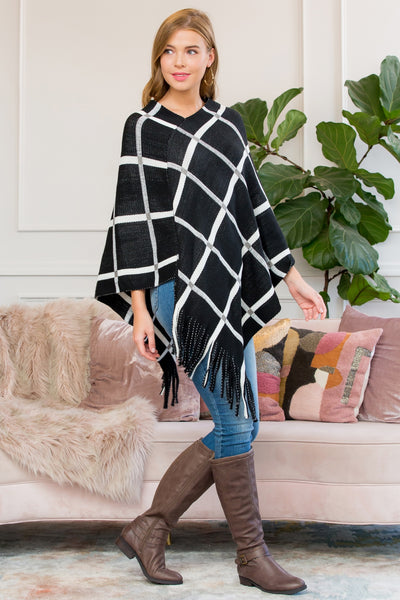 BLACK GRIDLINES FRINGED PONCHO/6PCS(NOW $4.25 ONLY!)