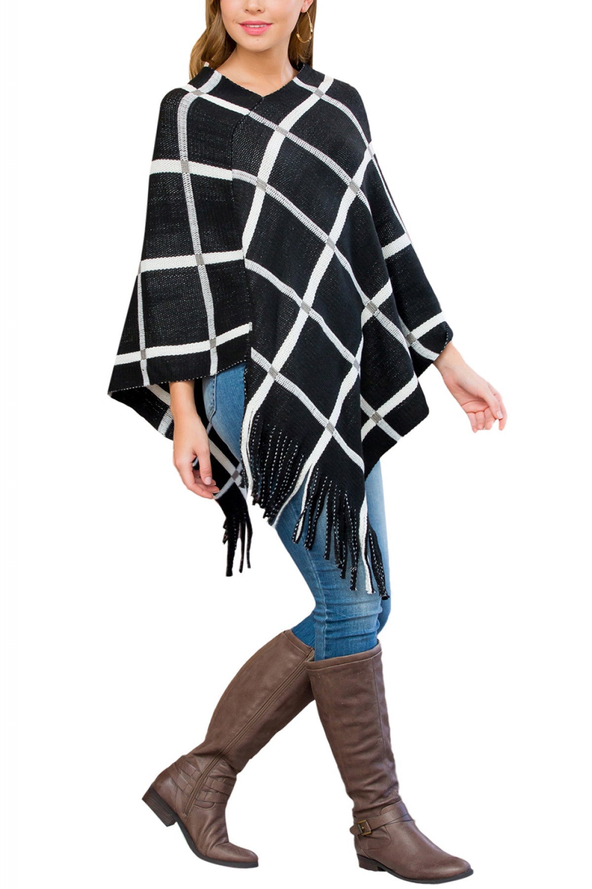 BLACK GRIDLINES FRINGED PONCHO/6PCS(NOW $4.25 ONLY!)