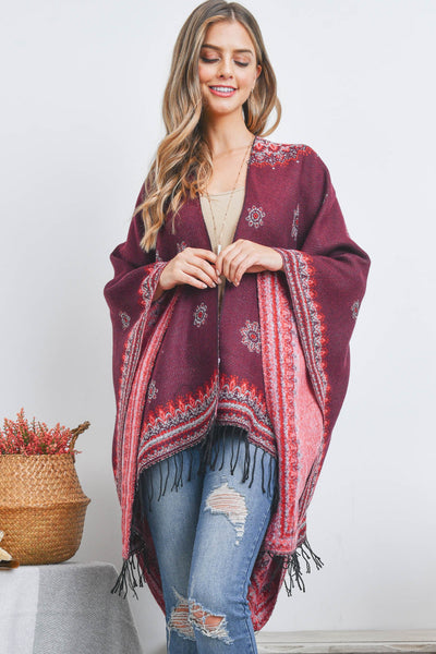 OPEN FRONT BORDER LINE PATTERN RUANA WRAP KIMONO
