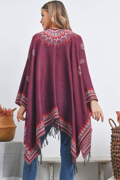 OPEN FRONT BORDER LINE PATTERN RUANA WRAP KIMONO