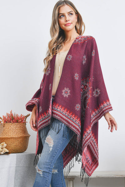 OPEN FRONT BORDER LINE PATTERN RUANA WRAP KIMONO