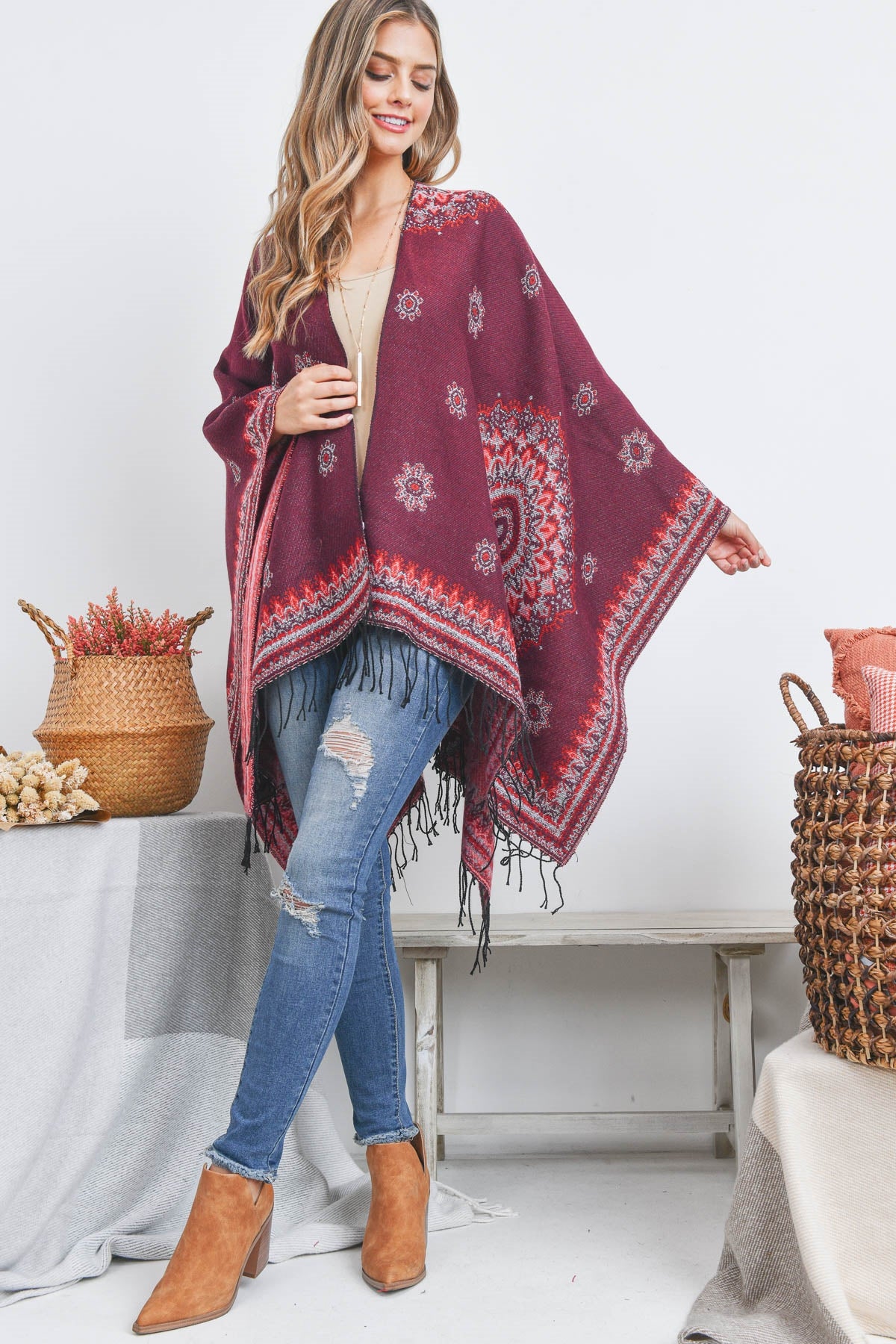 OPEN FRONT BORDER LINE PATTERN RUANA WRAP KIMONO