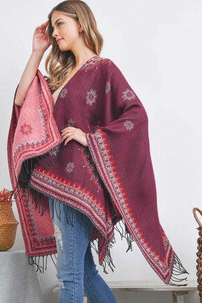 OPEN FRONT BORDER LINE PATTERN RUANA WRAP KIMONO