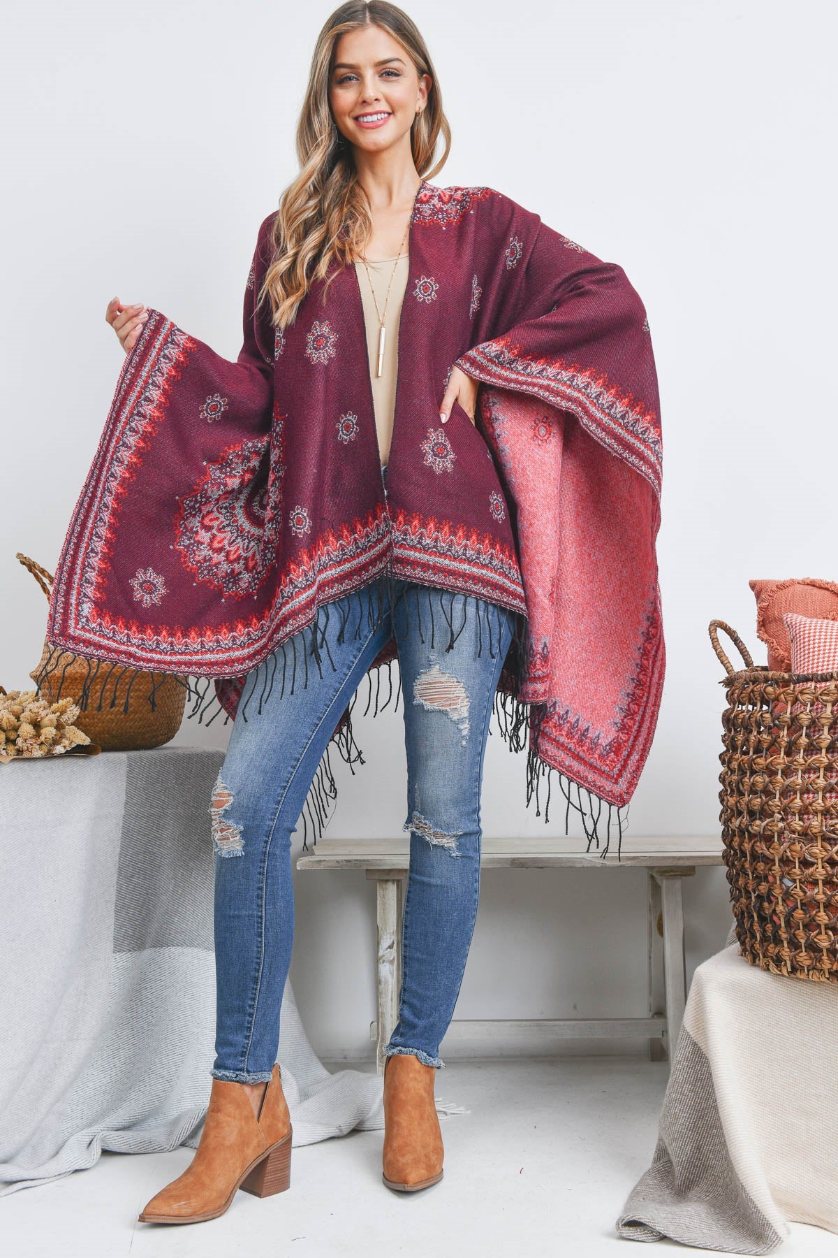 OPEN FRONT BORDER LINE PATTERN RUANA WRAP KIMONO