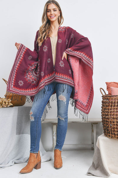 OPEN FRONT BORDER LINE PATTERN RUANA WRAP KIMONO