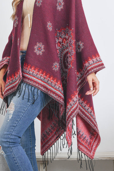 OPEN FRONT BORDER LINE PATTERN RUANA WRAP KIMONO