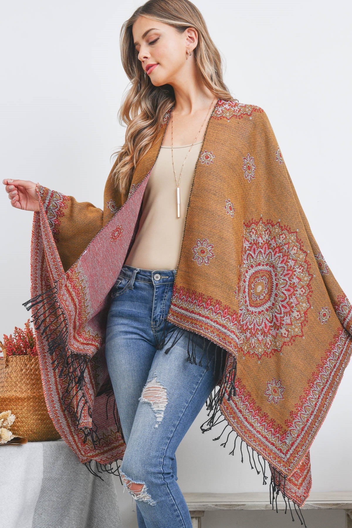OPEN FRONT BORDER LINE PATTERN RUANA WRAP KIMONO