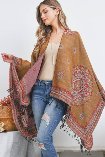OPEN FRONT BORDER LINE PATTERN RUANA WRAP KIMONO