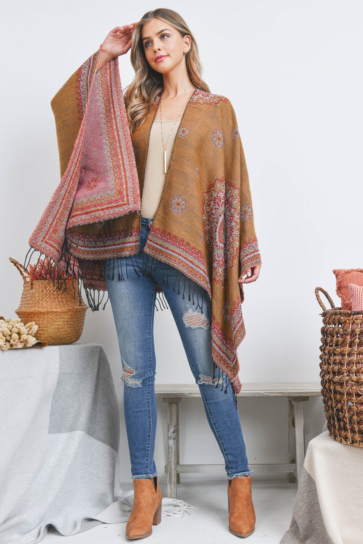 OPEN FRONT BORDER LINE PATTERN RUANA WRAP KIMONO