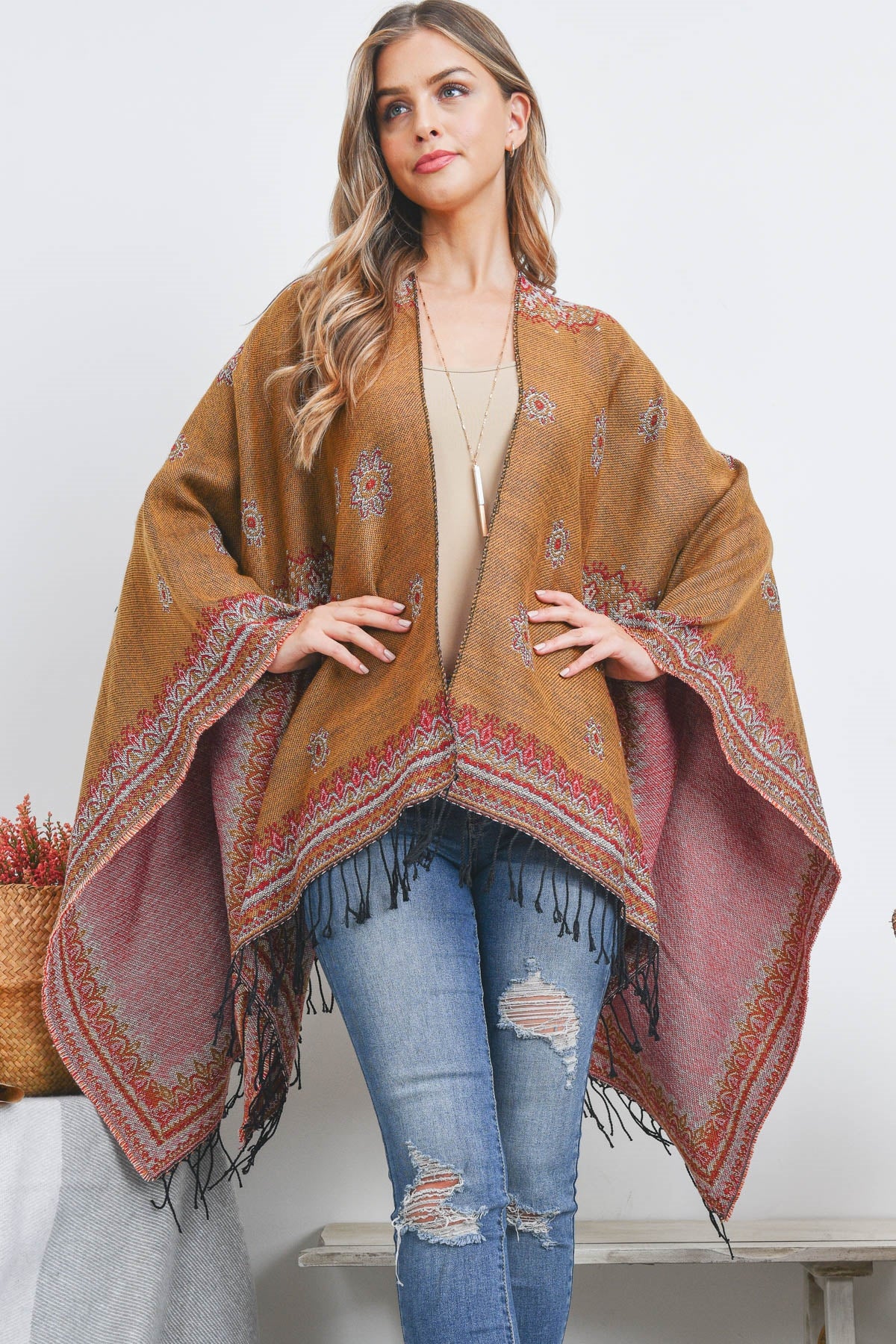 OPEN FRONT BORDER LINE PATTERN RUANA WRAP KIMONO