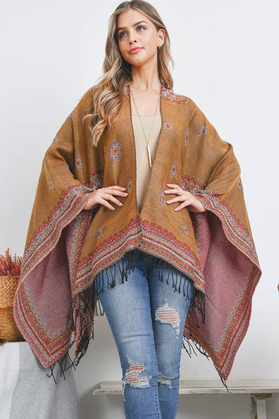 OPEN FRONT BORDER LINE PATTERN RUANA WRAP KIMONO