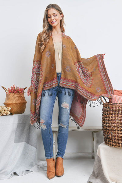 OPEN FRONT BORDER LINE PATTERN RUANA WRAP KIMONO