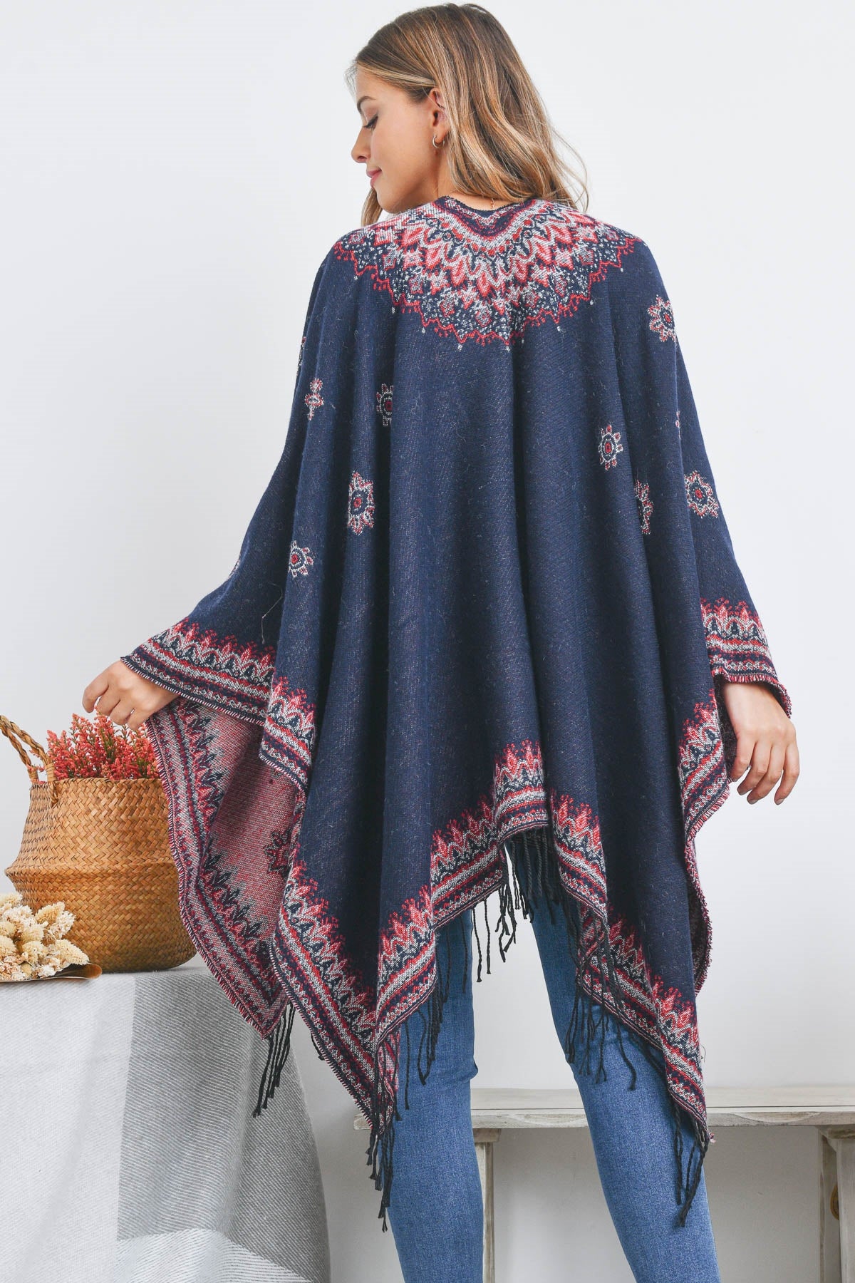OPEN FRONT BORDER LINE PATTERN RUANA WRAP KIMONO /1PC