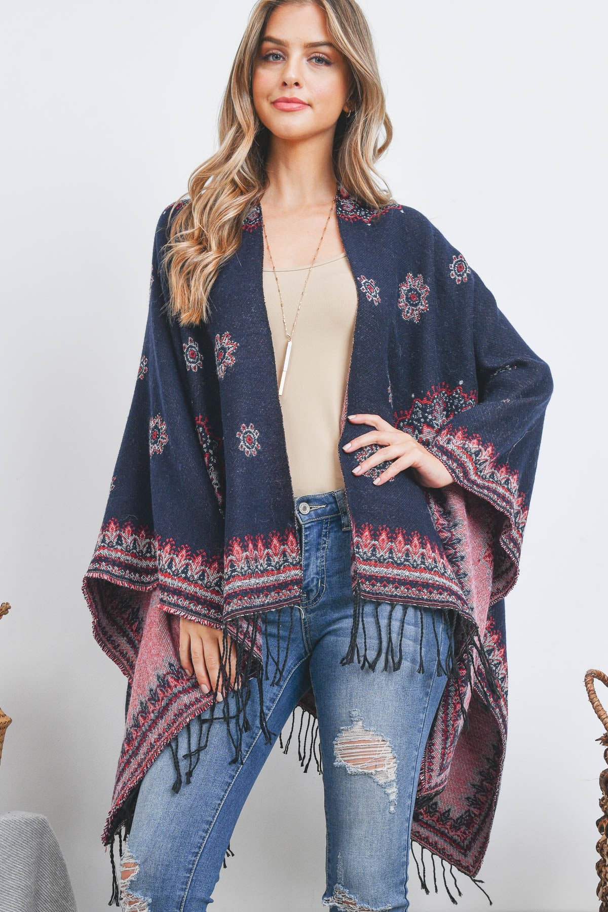 OPEN FRONT BORDER LINE PATTERN RUANA WRAP KIMONO