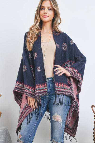 OPEN FRONT BORDER LINE PATTERN RUANA WRAP KIMONO