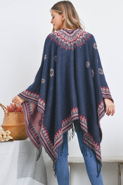 OPEN FRONT BORDER LINE PATTERN RUANA WRAP KIMONO