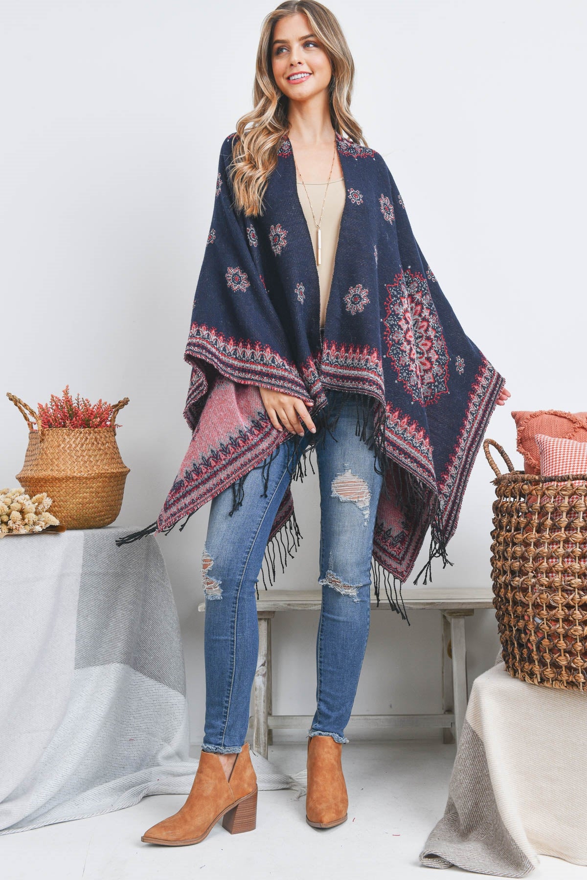 OPEN FRONT BORDER LINE PATTERN RUANA WRAP KIMONO