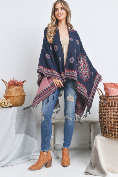 OPEN FRONT BORDER LINE PATTERN RUANA WRAP KIMONO
