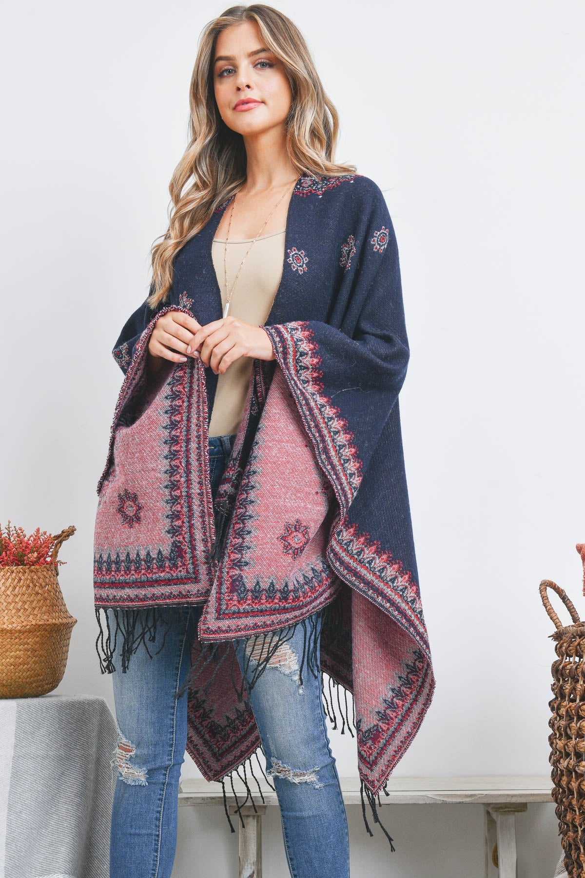 OPEN FRONT BORDER LINE PATTERN RUANA WRAP KIMONO