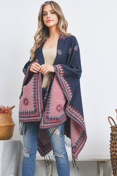 OPEN FRONT BORDER LINE PATTERN RUANA WRAP KIMONO