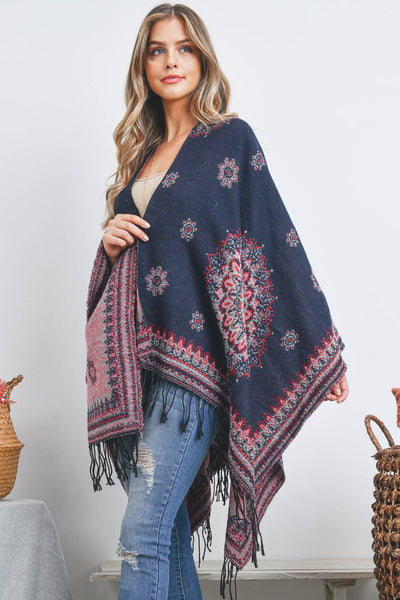 OPEN FRONT BORDER LINE PATTERN RUANA WRAP KIMONO
